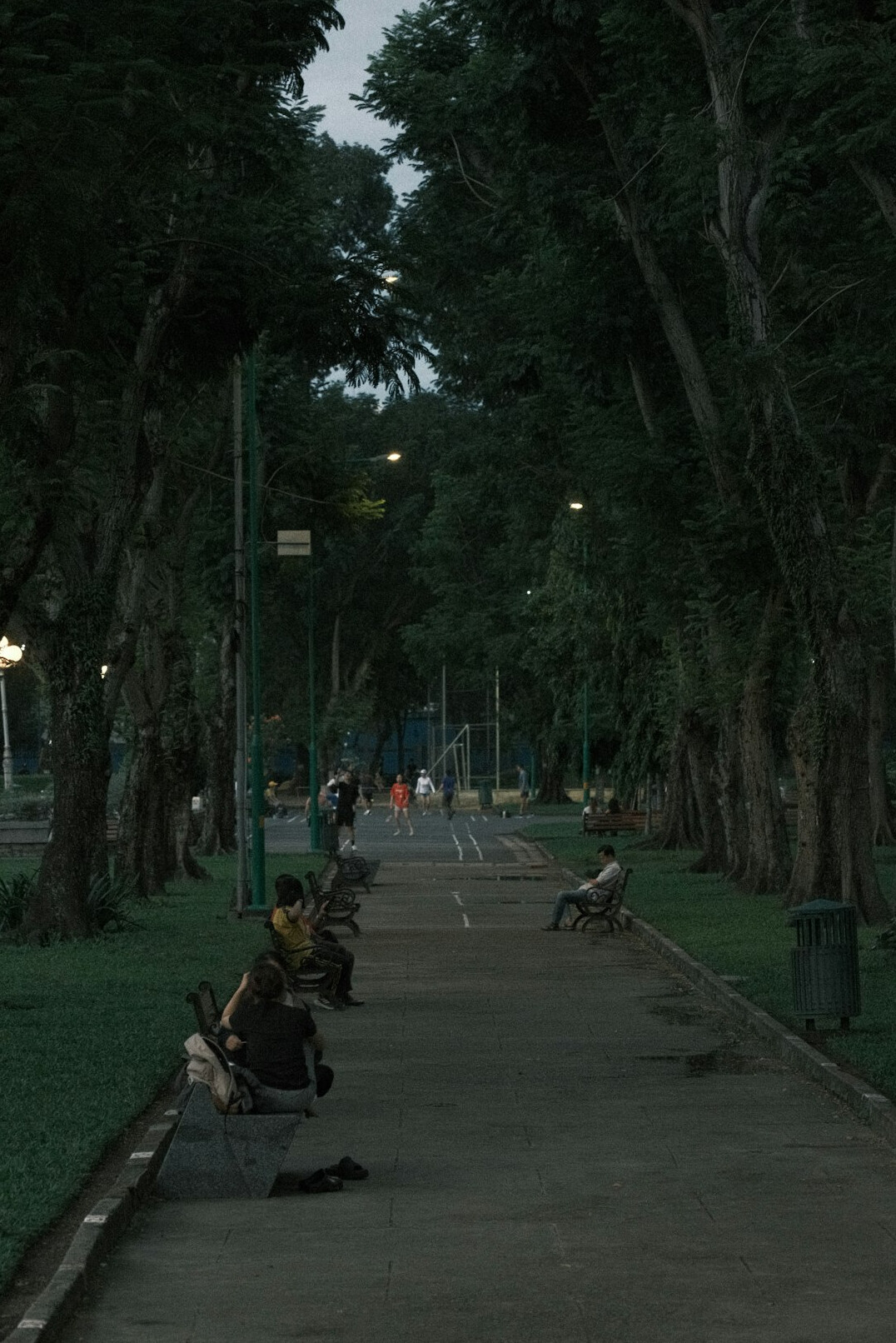 People relaxing on benches in a neighbourhood park